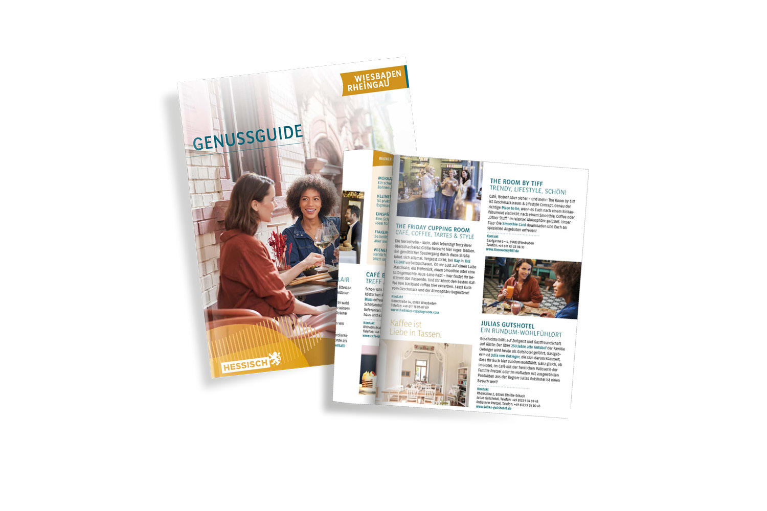Teaser Genussguide Die Titelseite und eine aufgeklappte Seite des Booklets Genussguide Rheingau Wiesbaden wird angedeutet.