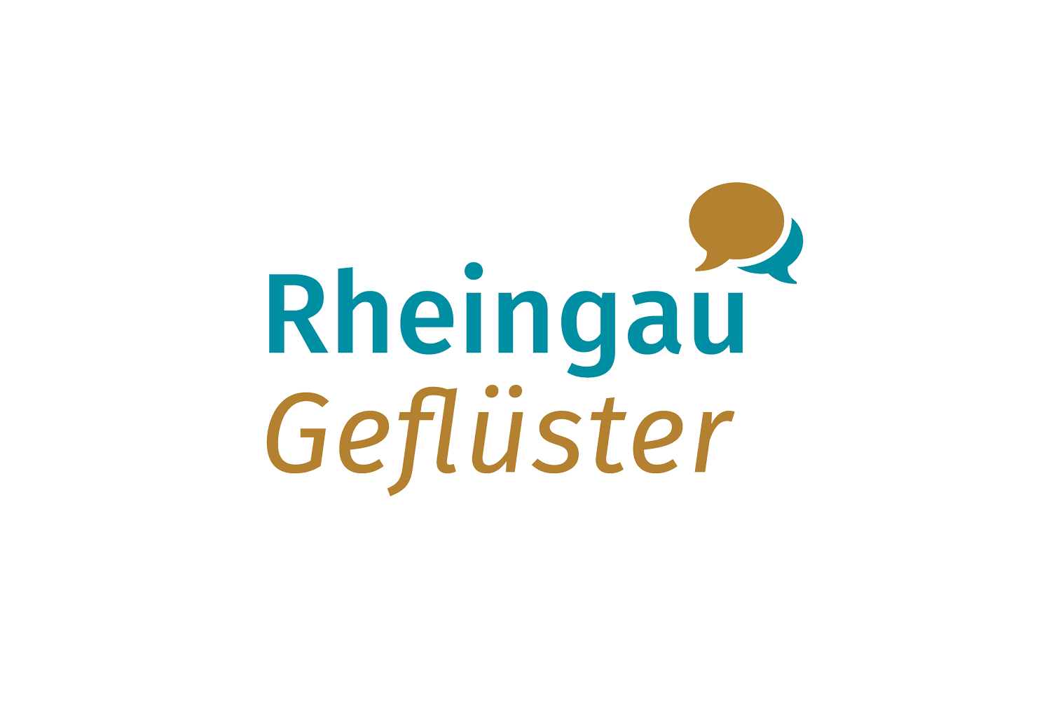 Logo vom Rheingau Geflüster in den Farben petrol und siena, mit Sprechblasen als Symbol für Audiobeiträge.
